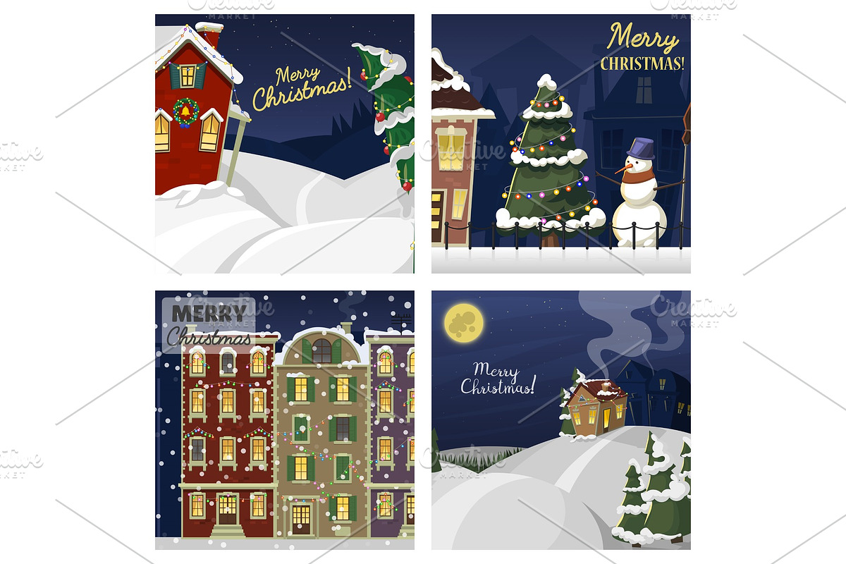 Winter landscape with christmas houses firtree mountain frozen nature wallpaper beautiful natural vector illustration. in Illustrations - product preview 8