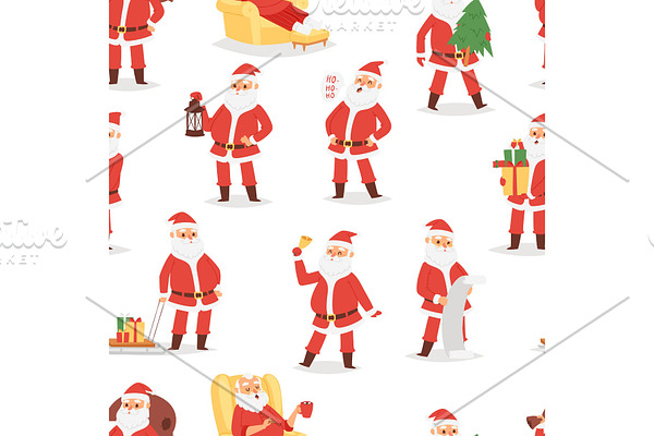 Christmas Santa Claus vector character poses illustration Xmas man in red traditional costume and Santa hat seamless pattern background