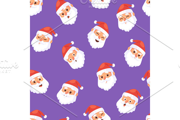 Christmas Santa Claus head emotion faces vector expression character poses illustration emojji Xmas man red traditional costume and Santa hat on head seamless pattern background