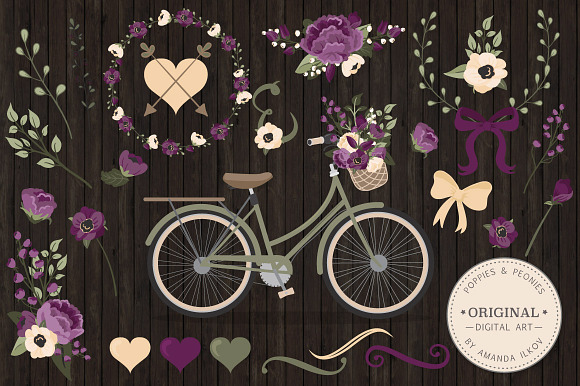 Deep Plum Floral Bicycle Vectors in Illustrations - product preview 1