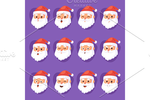Christmas Santa Claus head emotion faces vector expression character poses illustration emojji Xmas man in red traditional costume and Santa hat