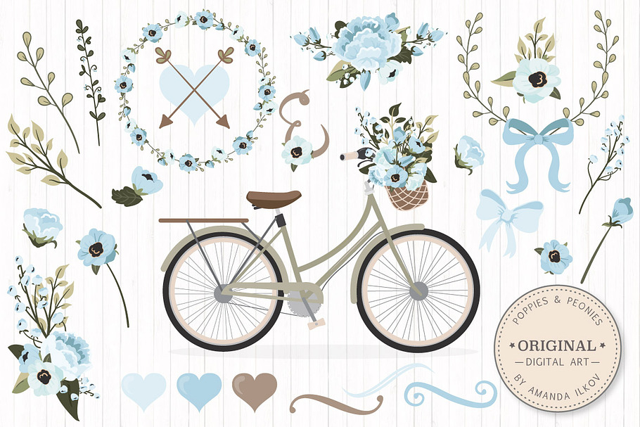 Soft Blue Vector Bicycle & Flowers in Illustrations - product preview 8