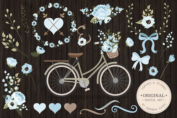 Soft Blue Vector Bicycle & Flowers in Illustrations - product preview 1