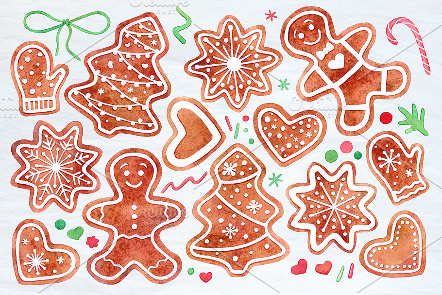 Watercolor gingerbread cookies set 