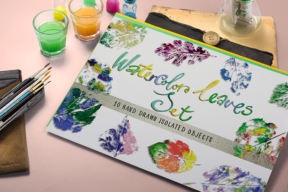 Set of  watercolor hand drawn leaves in Objects - product preview 4