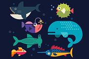 Sea life. Big fish: whale, shark, sw