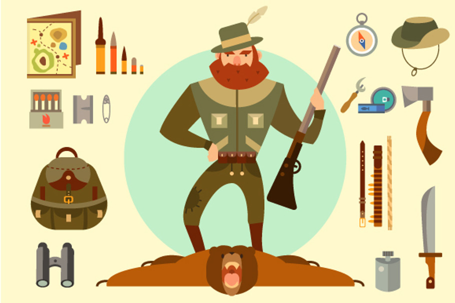 Hunter arsenal: beard, ax, gun in Illustrations - product preview 8
