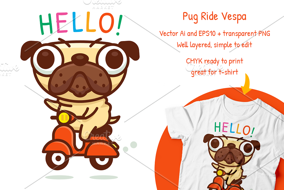 Pug Ride Vespa Cartoon Clipart