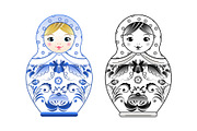 Vector pictures of russian matryoshka painted at gzhel style. Colored and linear illustrations