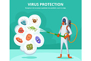 Concept illustration of viruses protection. Character in special clothing poisons microbes