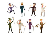 Set of english victorian gentlemen. Characters in dynamic poses