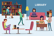 Students in library. Peoples reading books. Vector characters set