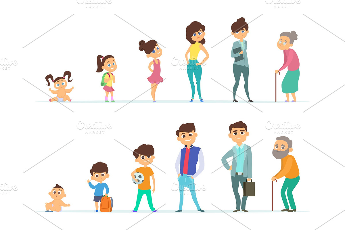Life cycle of male and female. Different characters of youth and old age in Graphics - product preview 8
