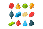 Colorful isometric pictures of geometry shapes. Christal, cylinder, prism and others