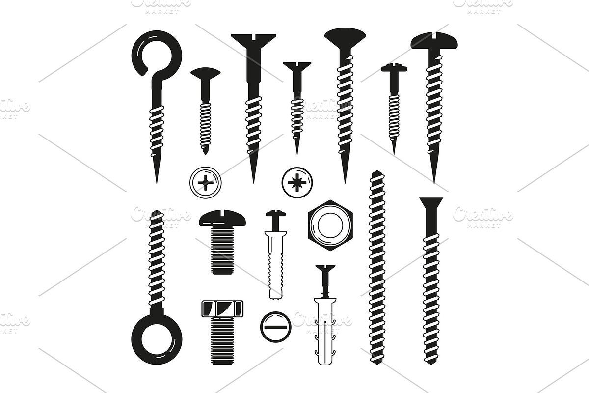 Monochrome illustrations of iron bolts, nuts, screws and others hardware tools in Graphics - product preview 8