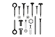 Monochrome illustrations of iron bolts, nuts, screws and others hardware tools