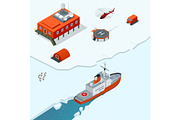 Isometric Antarctica station or polar station with buildings, meteorological research measurement tower, vehicles, helipad and icebreaker.