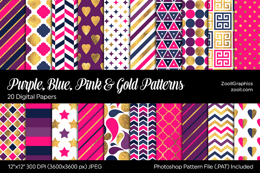 Purple Blue Pink Gold Digital Papers