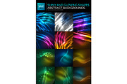 Abstract background set. Neon particles waves on dark, flowing curvy shapes