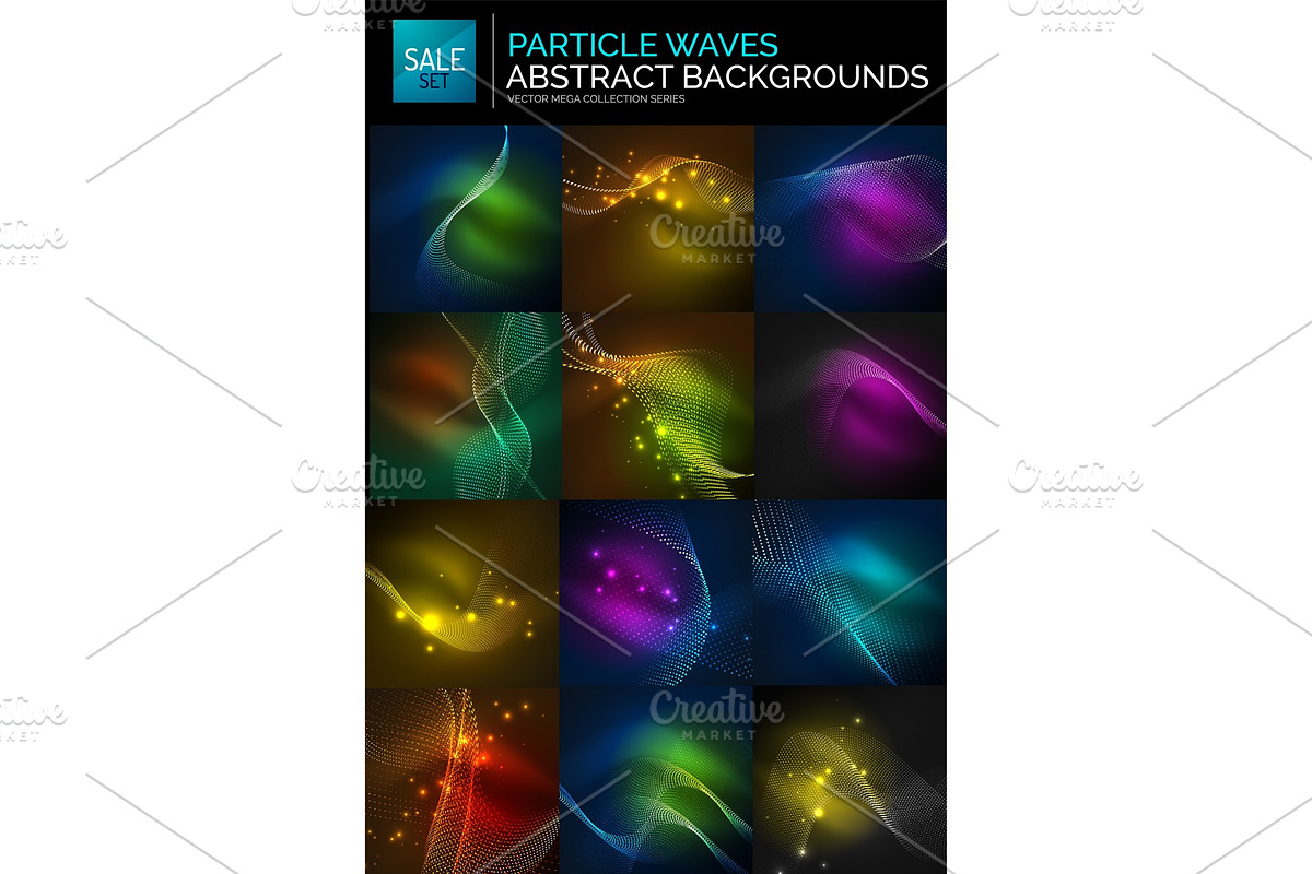 Abstract background set. Neon particles waves on dark, flowing curvy shapes in Illustrations - product preview 8