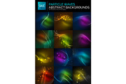 Abstract background set. Neon particles waves on dark, flowing curvy shapes