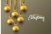 Christmas greeting card, design of xmas golden balls on dark background