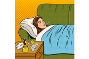 Flu sick girl lies in bed pop art vector