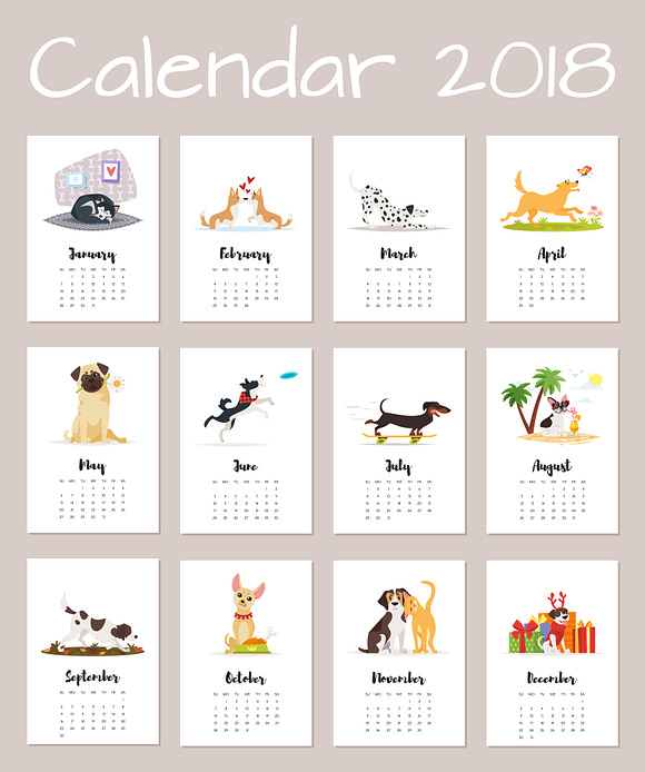 2018 calendar with cute dogs in Illustrations - product preview 2