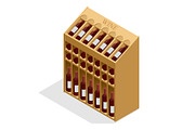 Isometric Red wine bottles stacked on wooden racks. Vector illustration isolated on white background