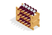 Isometric Red wine bottles stacked on wooden racks. Vector illustration isolated on white background