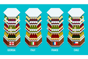Isometric wine bottles stacked on wooden racks Georgia, Italy, France, Chile. Vector illustration isolated on white background