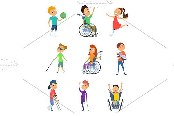 Disabled people. Wheelchair for kids. Children with disability. Vector characters in cartoon style