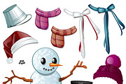 Snowman, knitted hats, scarves.