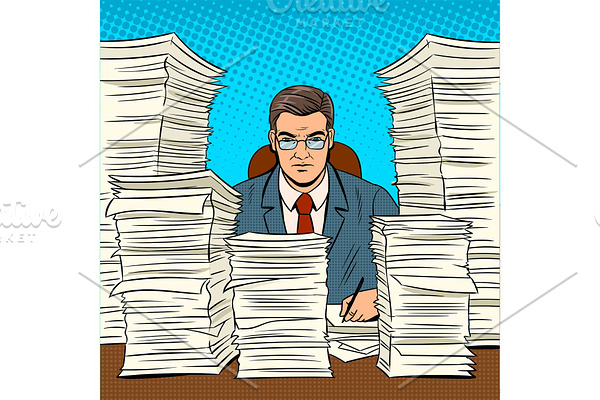 Businessman with piles of papers pop art vector