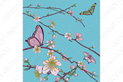 Cherry Peach Blossom Tree Flowers and Butterflies