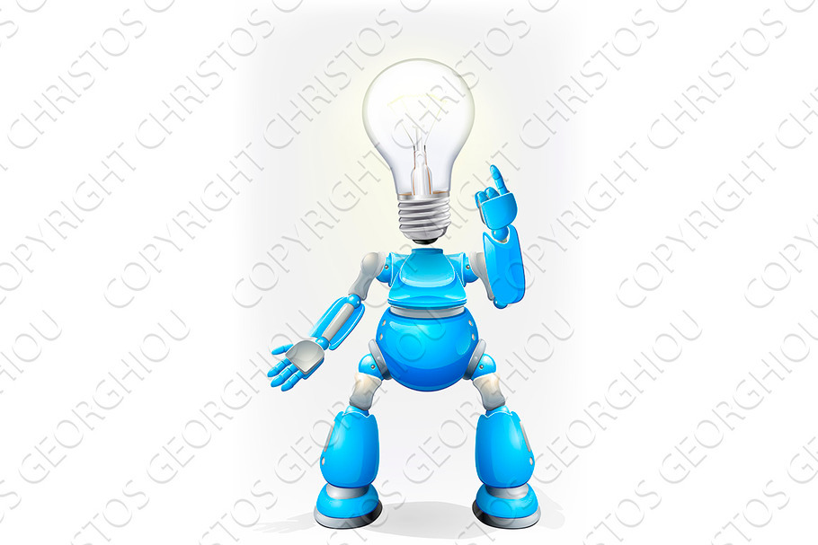 Blue robot light bulb head in Illustrations - product preview 8