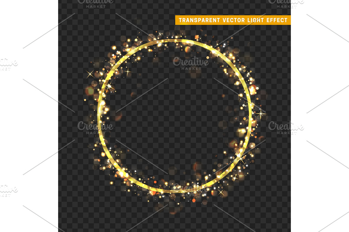 Gold circle frame with glowing lights and sparkle bokeh effects, isolated on transparent background in Illustrations - product preview 8