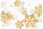 Winter holiday pattern with golden bright shining snowflakes with gold glitter