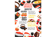 Japanese food, sushi roll and drink menu banner