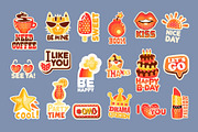Cute cartoon set of stickers with short positive messages. Colorful cartoon detailed Illustrations