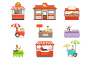 Street Food Kiosk Set On Wheels And Without With Smiling Vendor Serving Fast Food Vector Illustrations