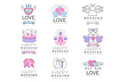 Love and wedding set for logo design, collection of colorful Illustrations