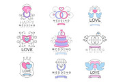 Happy wedding and love set for logo design, collection of colorful Illustrations