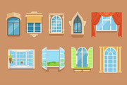 Vintage and modern windows set in different styles and forms. Window frames exterior view