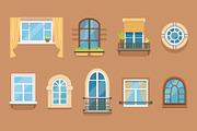 Windows set in different styles and forms. Window frames exterior view