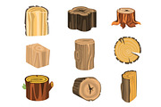 Set of different stump trees. Wooden materials vector Illustrations