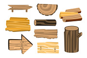 Set of wooden sign boards, planks, logs. Wooden materials vector Illustrations