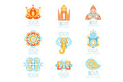 Yoga studio labels set, stylized famous spiritual Indian symbols, colorful vector Illustrations
