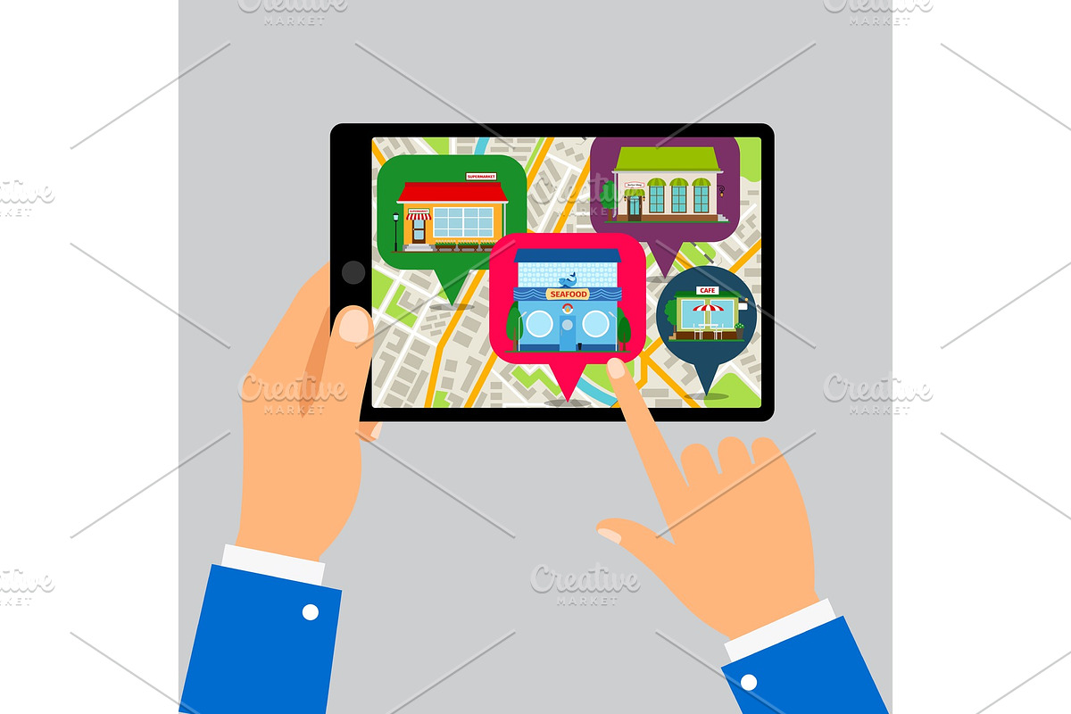 Hands holding tablet with restaurants map in Illustrations - product preview 8