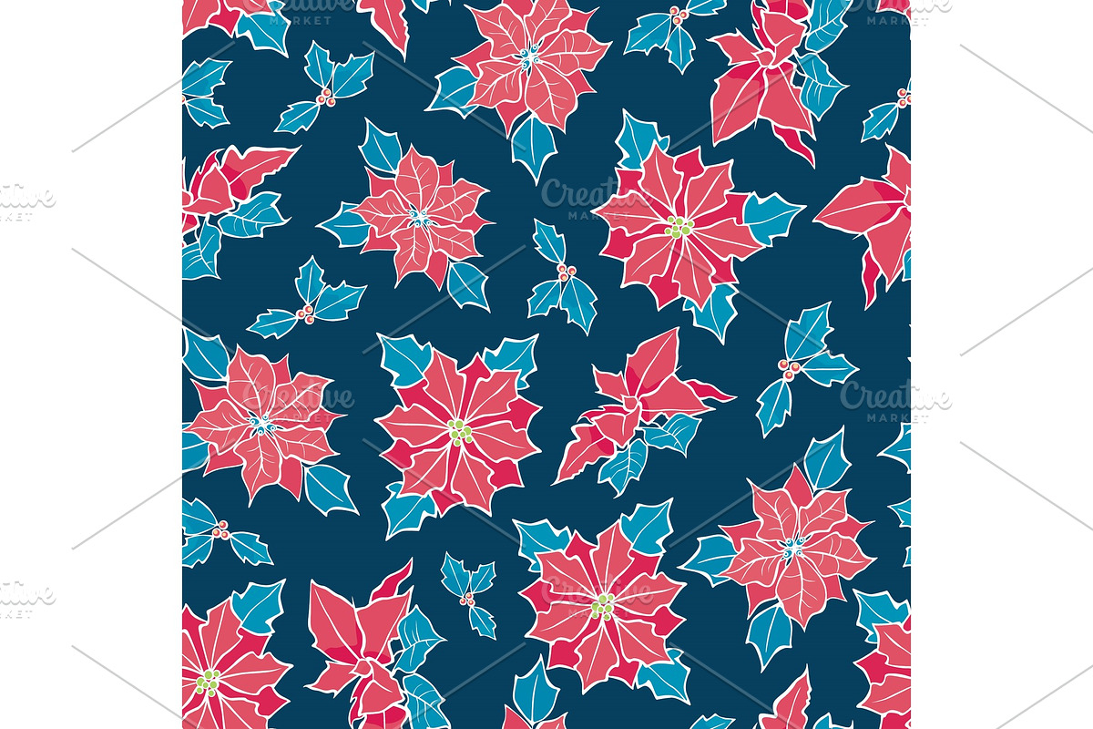Vector blue, red poinsettia flower and holly berry holiday seamless pattern background. Great for winter themed packaging, giftwrap, gifts projects. in Textures - product preview 8